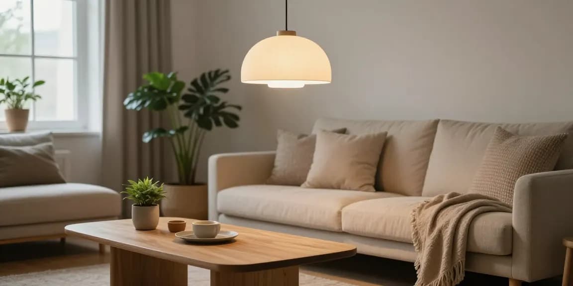 Stylish living room with lamparas estilo japandi including Anne Lighting Sable pendant lamp, creating a warm and inviting atmosphere.