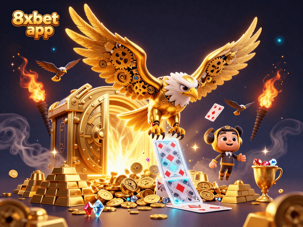 Engage with the exciting 8xbet app experience featuring thrilling holographic cards and dynamic golden elements.