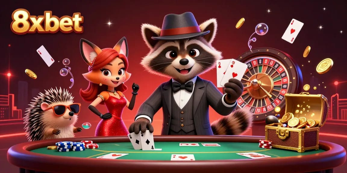 Experience thrilling poker action with 8x bet featuring suave characters and vibrant casino elements.