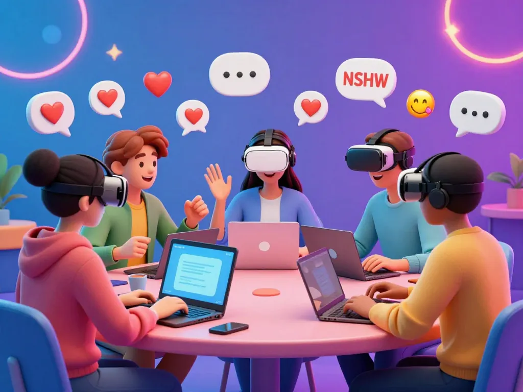Interactive NSFW chat scene with diverse characters in lively conversation.