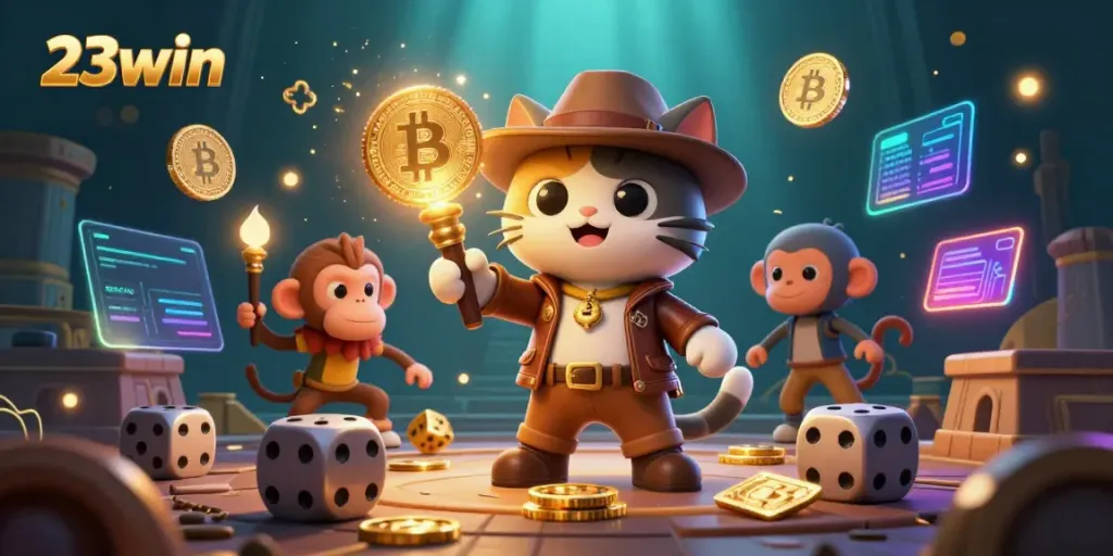 Engage with the thrilling world of 23win as an explorer cat uncovers a golden casino artifact.