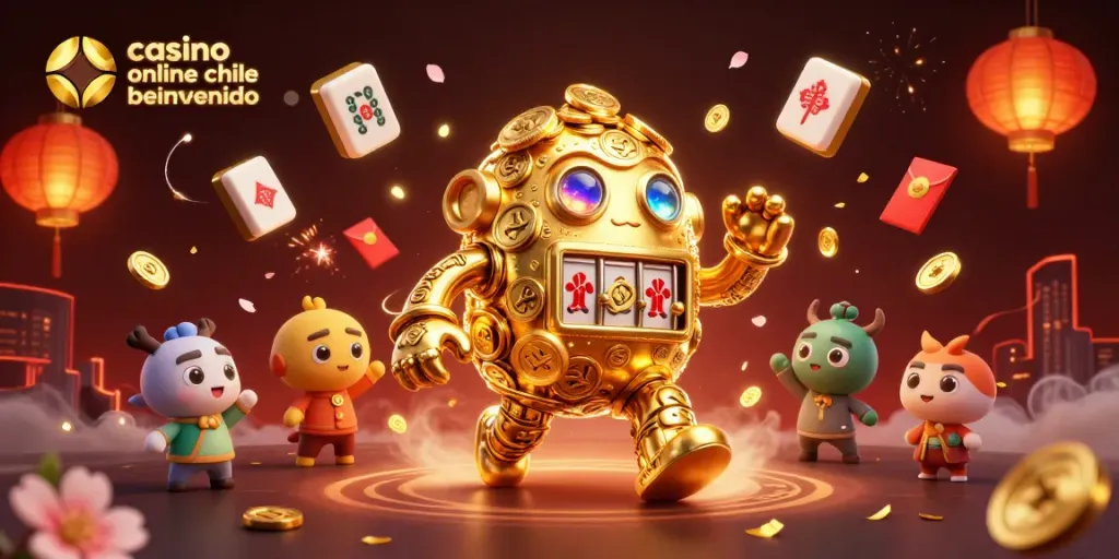 Casino online Chile bono bienvenida: Golem dorado y símbolos de tragamonedas rodeados de efectos festivos.