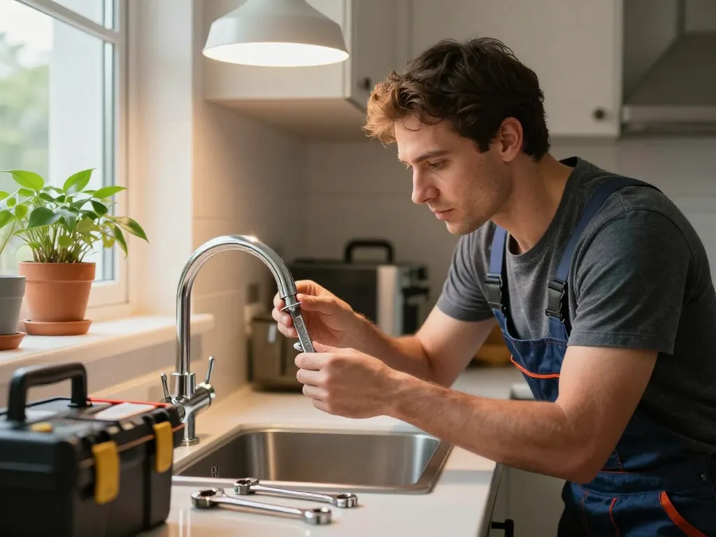 Un handyman proporcionando servicios a domicilio al reparar un grifo de cocina con herramientas en un hogar acogedor.