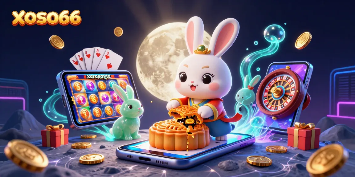 Experience xoso66 with a captivating 3D illustration featuring a moon rabbit revealing poker chips.