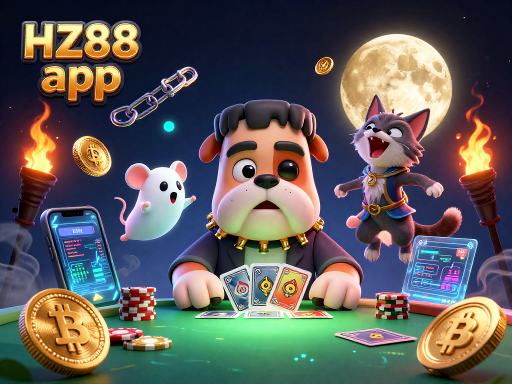 Join the action with HZ88 app in a vibrant casino scene featuring unique characters and crypto elements.