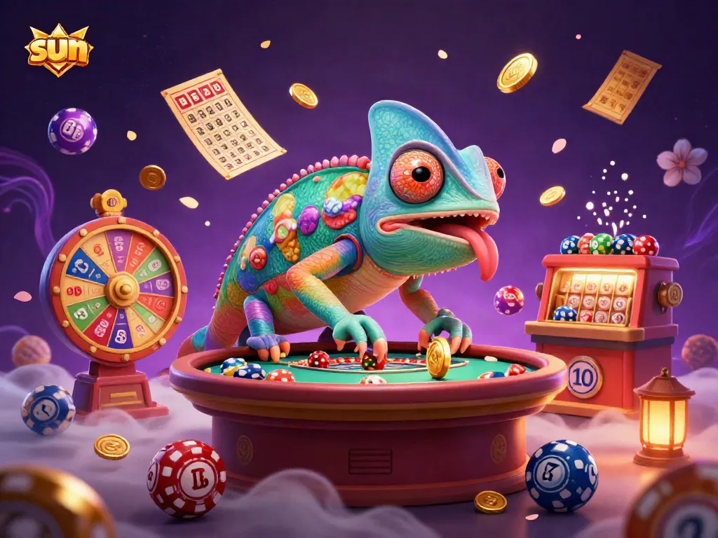 Sun casino owner chameleon collecting golden coins surrounded by vibrant lottery elements.