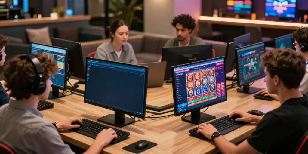 Engaging online gaming environment at https://fc88v1.com/ with diverse players enjoying casino games on modern devices.