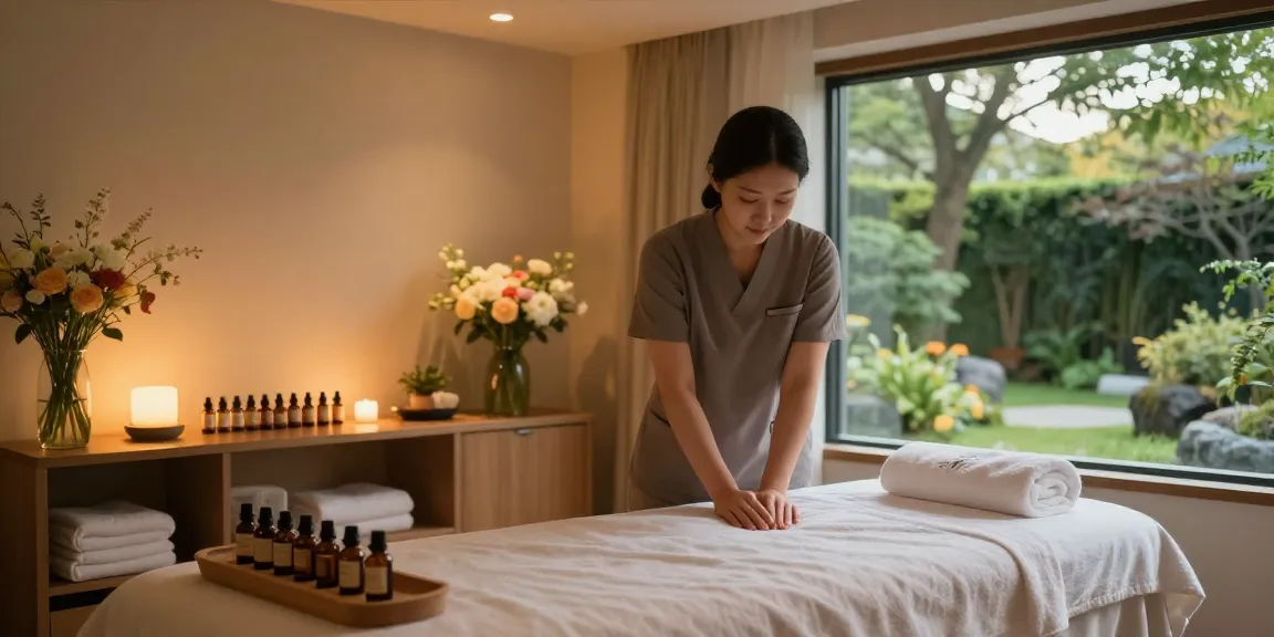 Relaxing spa massage room setup for 신촌출장마사지 services, calming atmosphere with essential oils and soft lighting.
