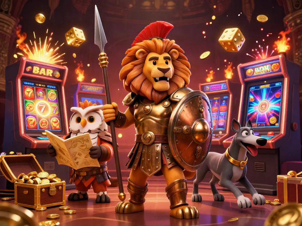 Experience a thrilling jackpot scene with xo88's Spartan lion, owl, and greyhound characters amidst a burst of casino elements.
