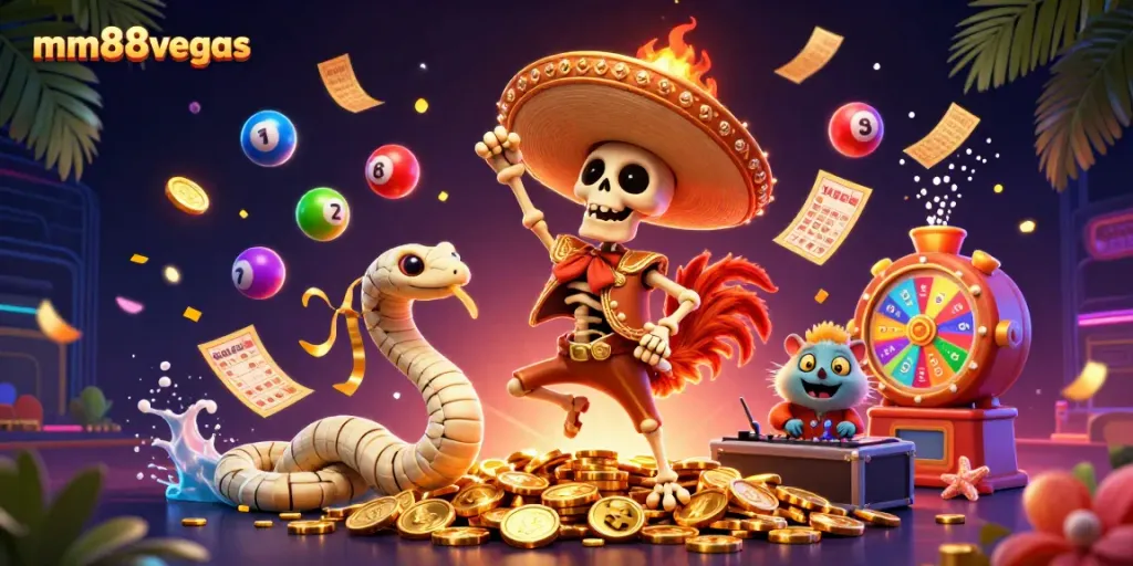 Experience winning excitement at mm88vegas with dynamic colorful lottery and casino elements.