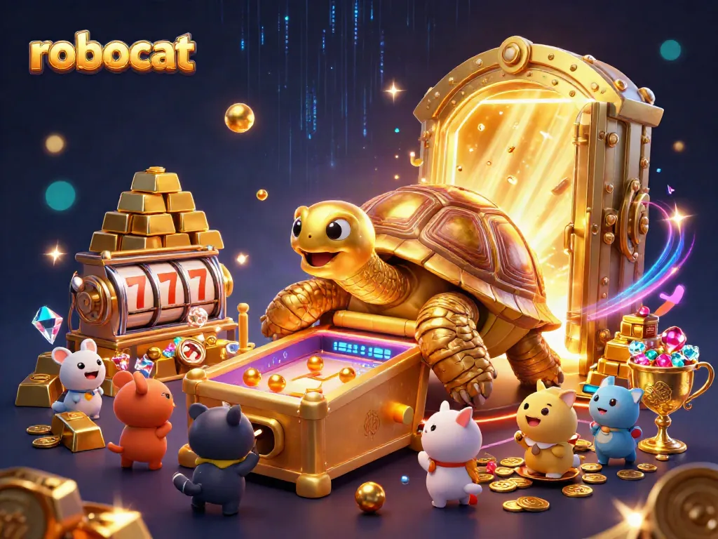 Robocat casino scene with animated golden tortoise and slot machines, featuring gem treasures and vibrant casino elements.