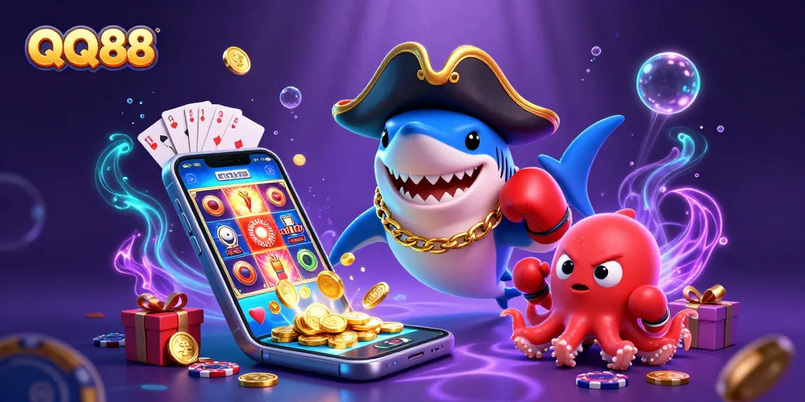 Experience the thrill of QQ88 with vibrant characters diving into interactive gambling elements in an animated casino setting.