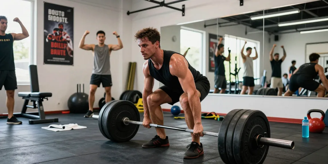 Esteroidesshop destacado en una escena dinámica de gimnasio con culturista levantando pesas, mostrando entrenamiento de fuerza.