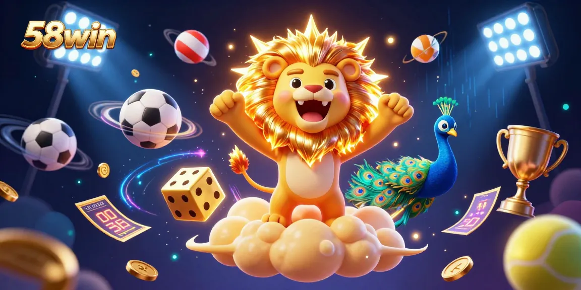 Win big with 58win in this vibrant 3D casino scene featuring games and sports.