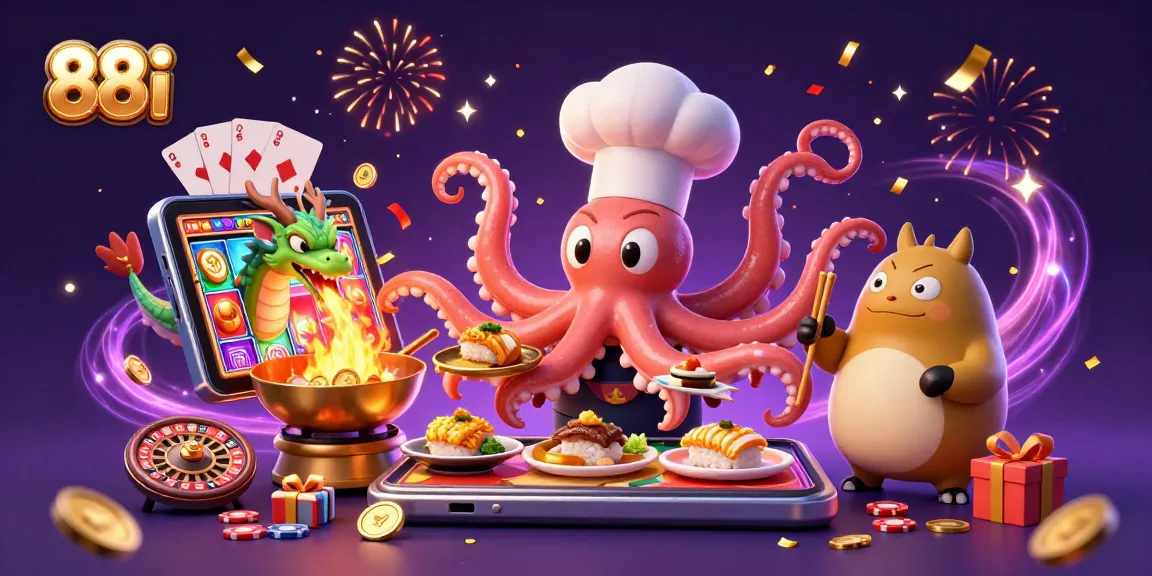 Witness the excitement of 88i with colorful slot games, a playful octopus chef, and a dragon in a dynamic casino scene.