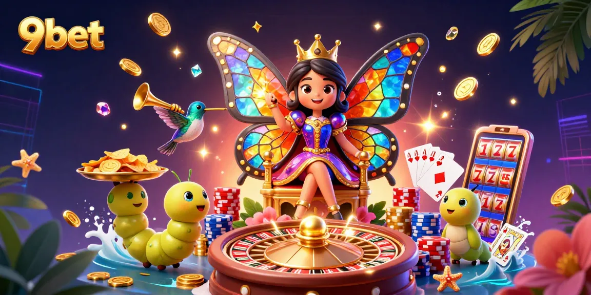 Experience the thrills of 9bet with a vibrant 3D casino scene filled with games and excitement.
