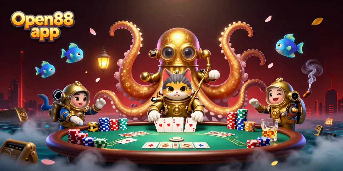 Experience exciting gameplay with Open88 app featuring a majestic kraken and antique diving cat.