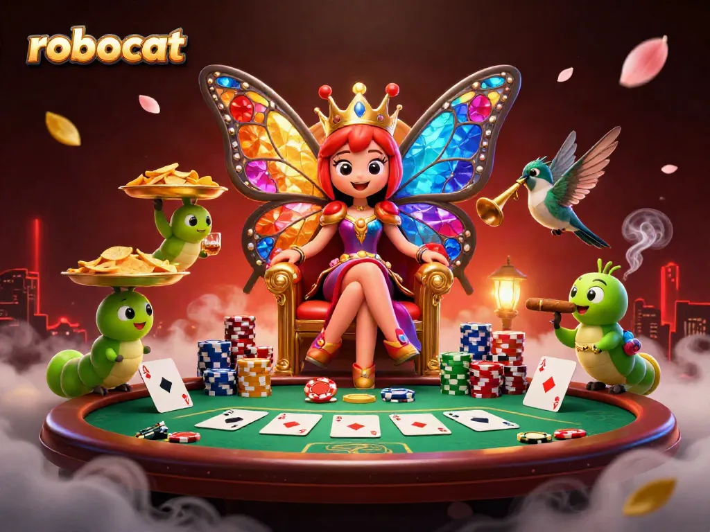 Engage with robocat as the butterfly queen presides over a vibrant poker scene filled with colors and casino elements.