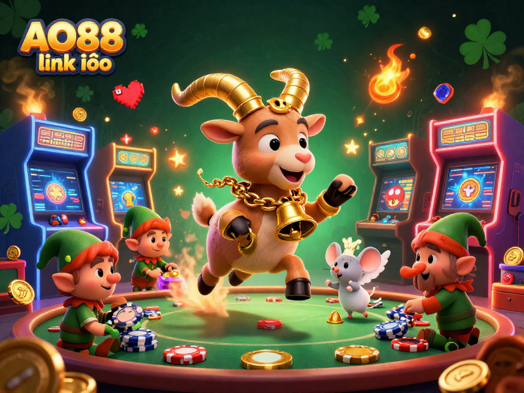 Experience thrilling play at AO88 link vào with cartoon characters in a vibrant casino setting, featuring playful game elements.