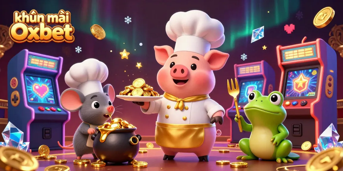 Explore khuyến mãi Oxbet in an exciting 3D illustration of a chef pig serving gold coins at a vibrant casino scene.