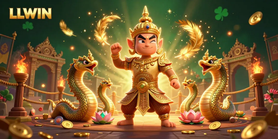 Engage in thrilling gameplay at LLWIN with a vibrant illustrated scene of a temple guardian and Naga serpents amidst casino elements.