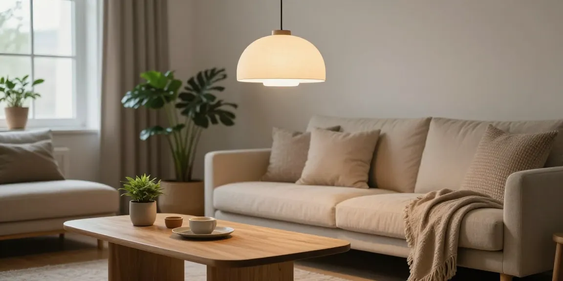 Stylish living room with lamparas estilo japandi including Anne Lighting Sable pendant lamp, creating a warm and inviting atmosphere.