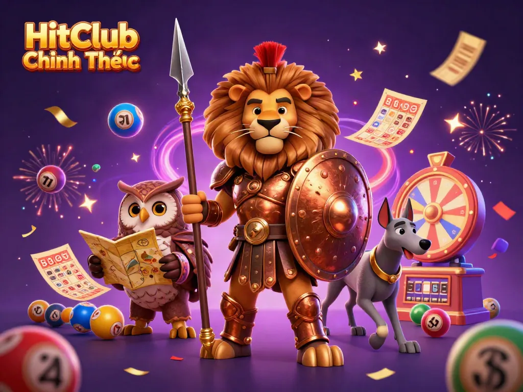 HitClub Chính Thức showcases engaging lottery elements with a heroic lion and vibrant characters.