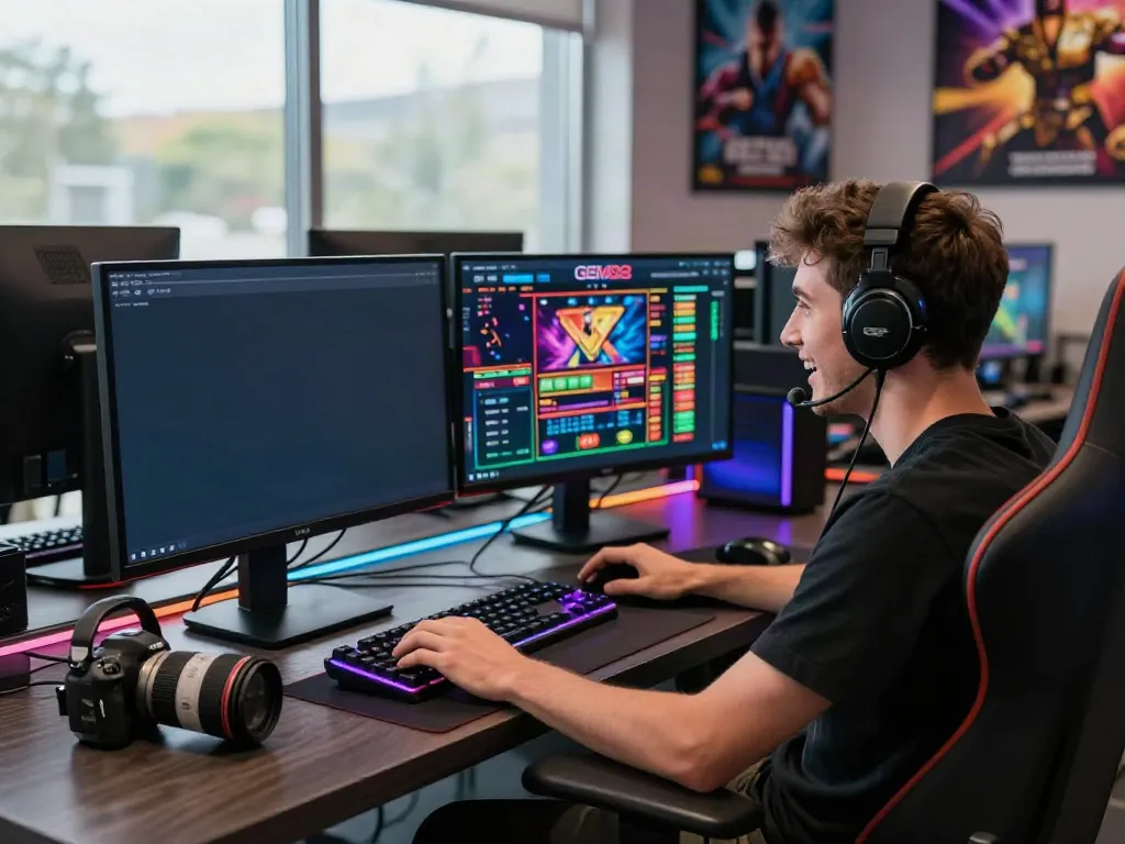 GEM88 gaming setup featuring dual monitors and vibrant accessories for online betting excitement.