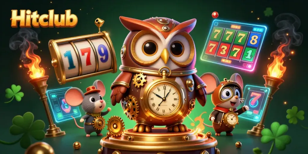 Hitclub showcases a dynamic 3D scene with a time-traveler owl and casino elements, highlighting engaging gaming action.