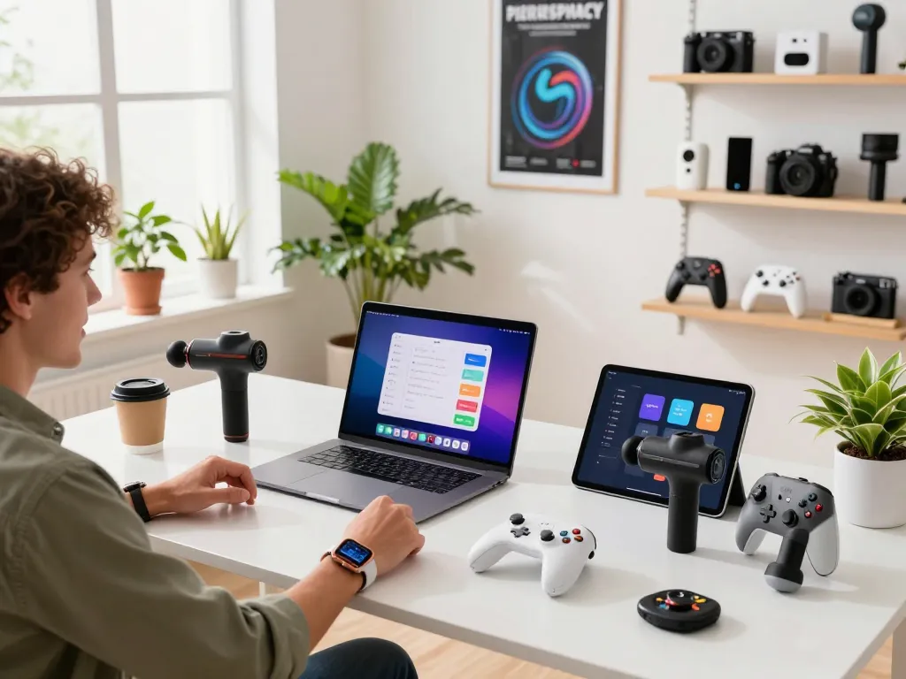 Engaging scene of testing trending tech gadgets including Bluetooth controllers and smartwatches in a bright workspace.