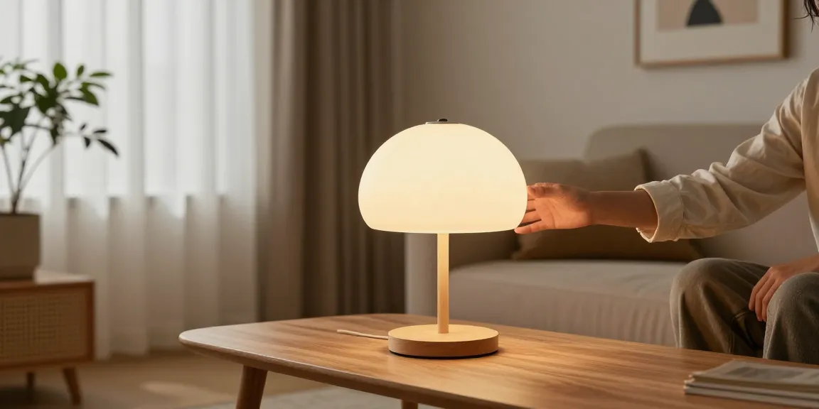 Una sala de estar tranquila con lamparas estilo japandi crema sobre una mesa de madera, creando un ambiente cálido.