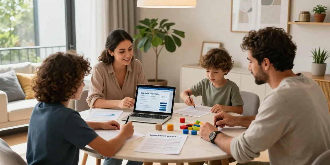 Family exploring simulador hipotecario options in a modern home.