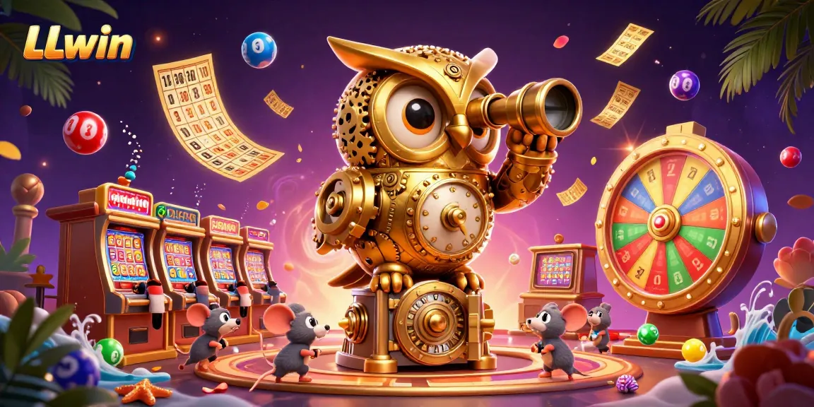 Engage with the thrilling atmosphere of LLwin casino featuring a golden owl and dynamic gaming elements.
