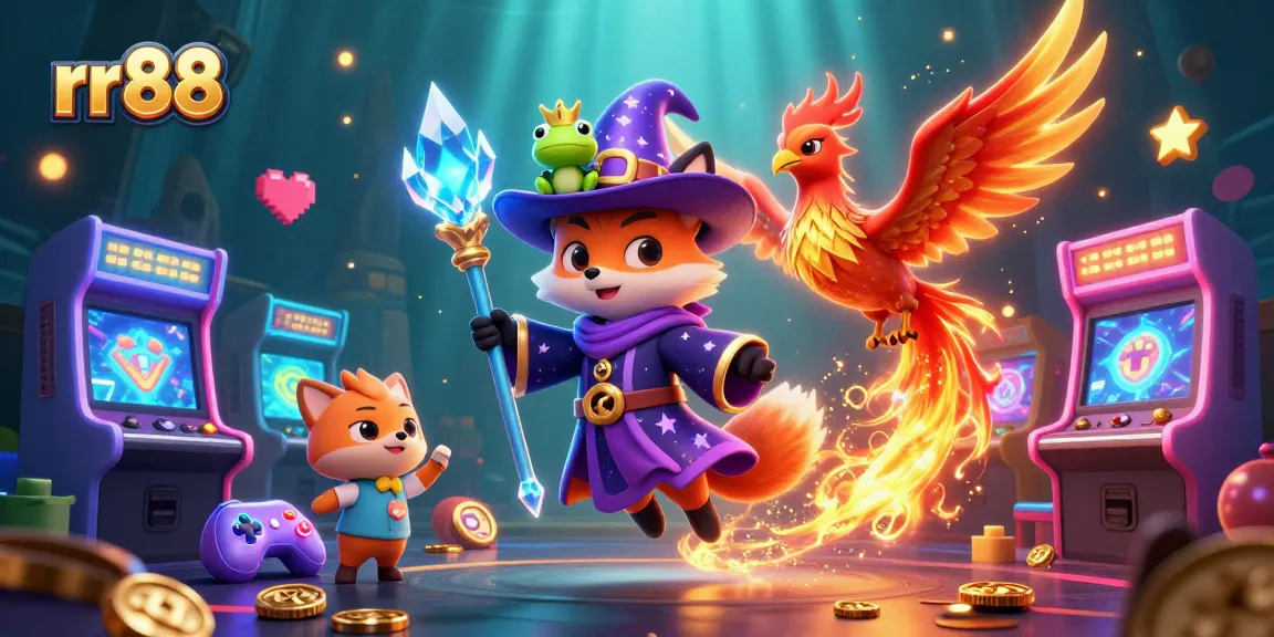 Engage with rr88's captivating gaming experience featuring a wizard fox and phoenix in a vibrant casino world.