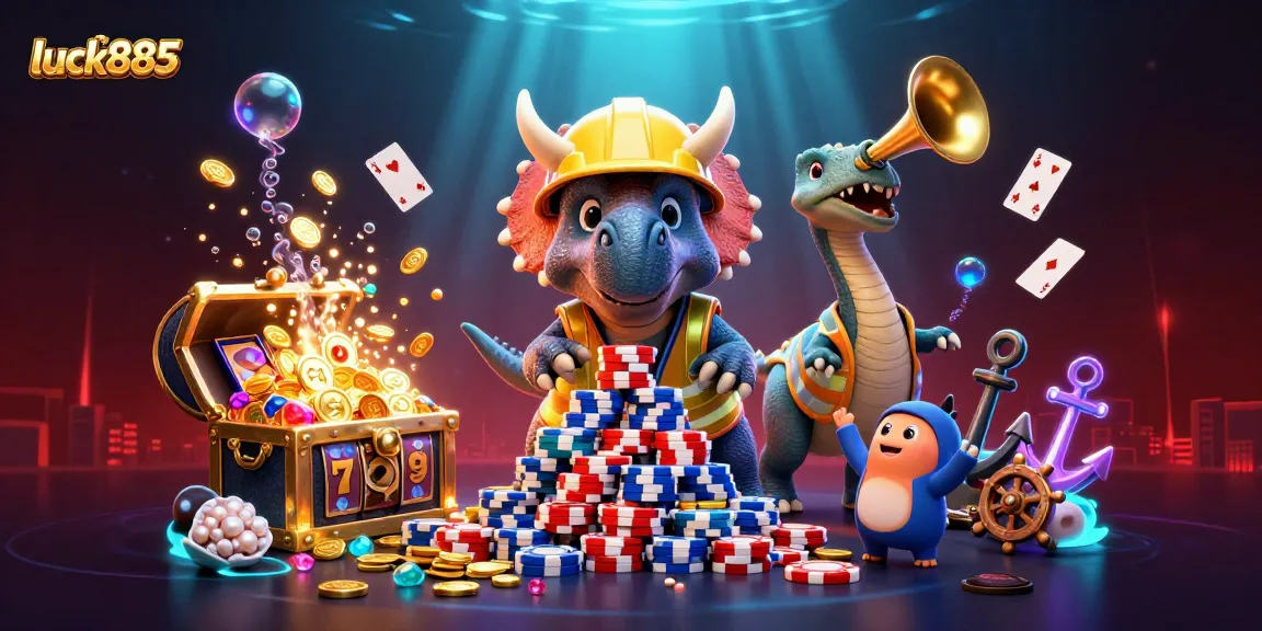 Experience excitement with luck885 as triceratops builds a poker chip pyramid amidst a vibrant casino scene.