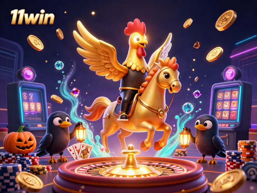 Experience thrilling action at 11win, featuring a golden rooster riding through a lively casino with gold coins cascading.
