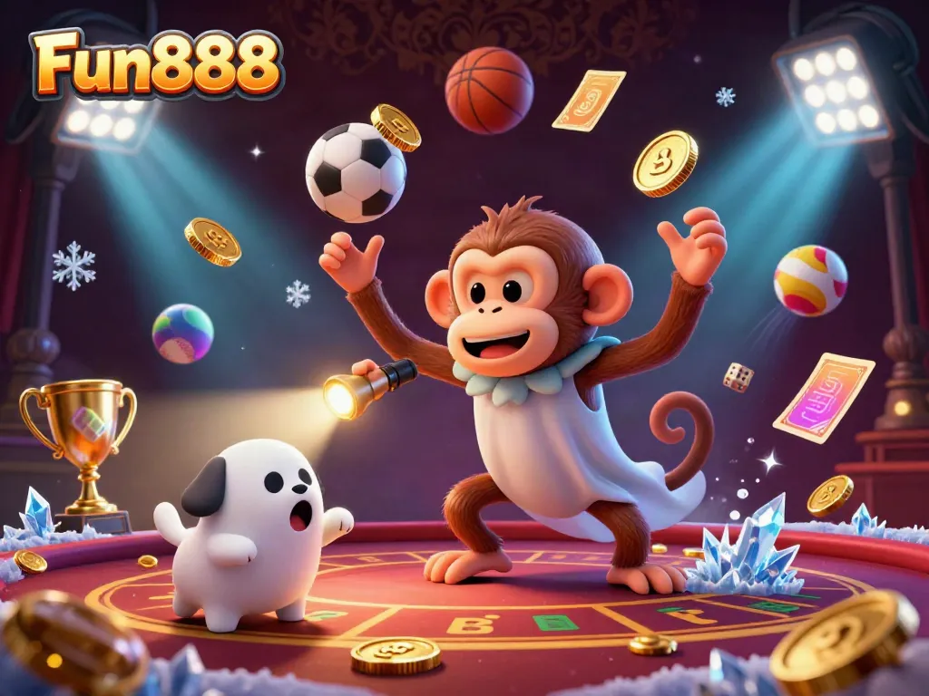Engage in thrill with Fun888 as a playful poltergeist monkey juggles casino treasures and a ghost-hunter puppy shines a light in the haunted scene.