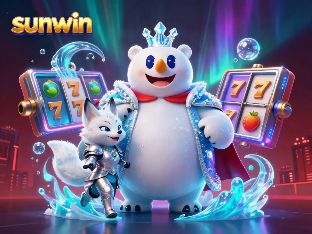 Experience thrilling slot action with Sunwin's captivating 3D illustration featuring vibrant characters and casino elements.