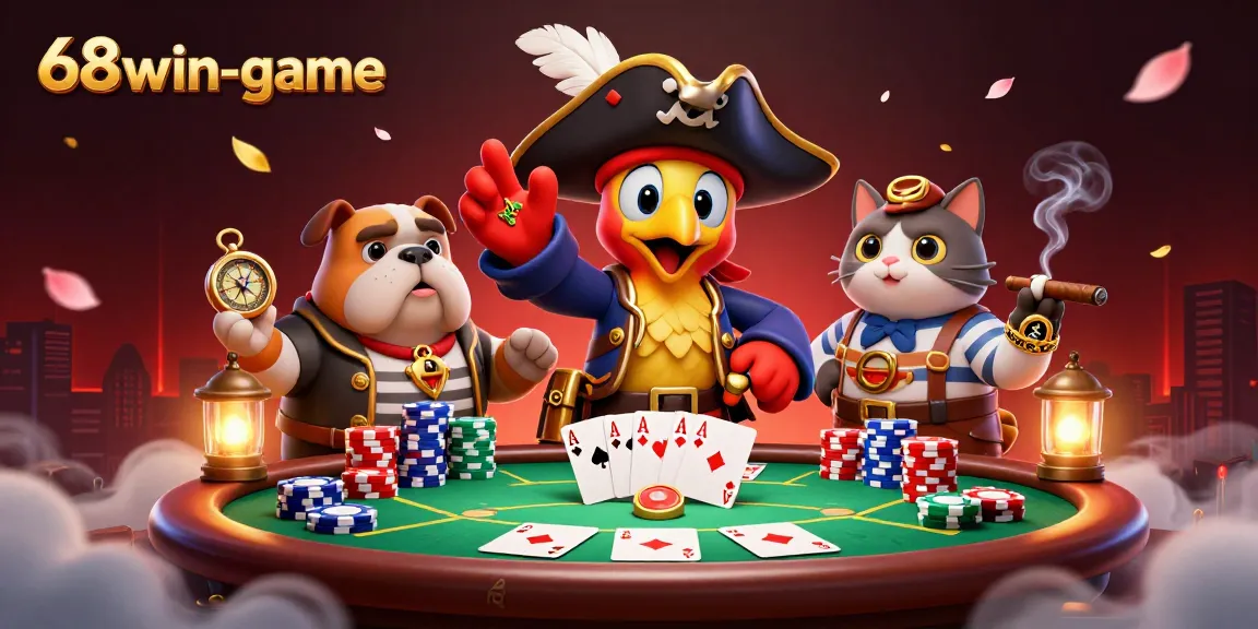 68win-game pirate scene engaging players with poker chips and cards in vibrant action