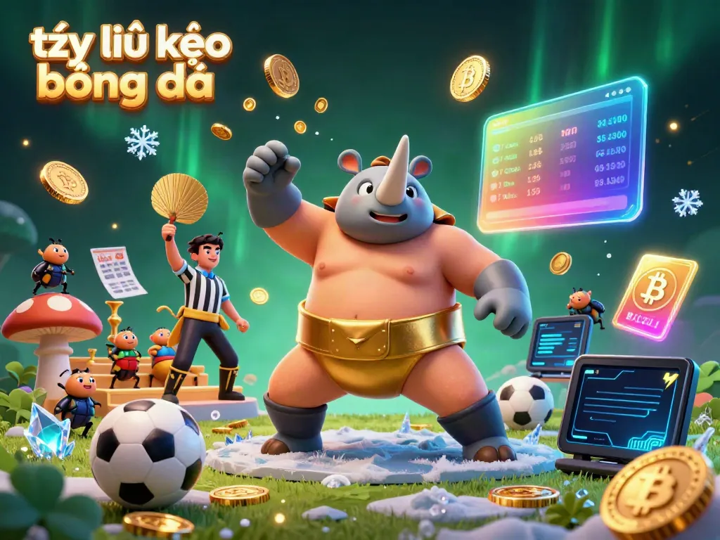 Experience the excitement of tỷ lệ kèo bóng đá with a sumo beetle champion surrounded by vibrant sports elements and glowing cryptocurrencies.