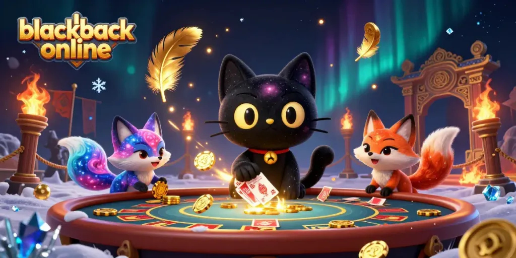 Juega blackjack online mientras disfrutas de una escena cósmica con un gato y un zorrito estelar.