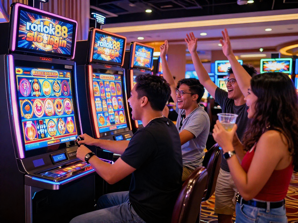 Exciting friends celebrating the rokok88 slot login win at a vibrant casino.