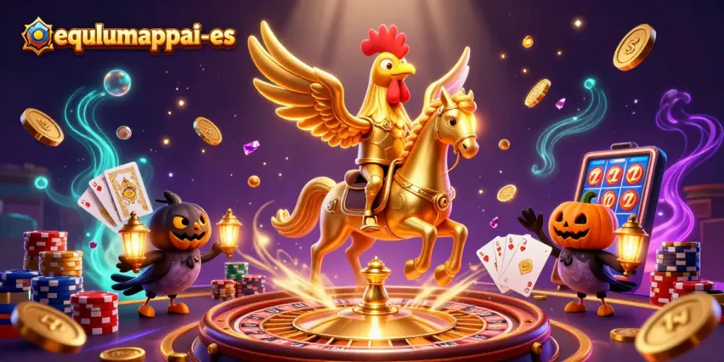 Experience equlumappai-es in this vibrant casino scene with golden rooster and magical elements.
