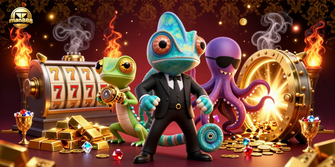 Join the excitement with man888 in a vibrant casino scene featuring a chameleon, gecko, and octopus amid shimmering treasures.