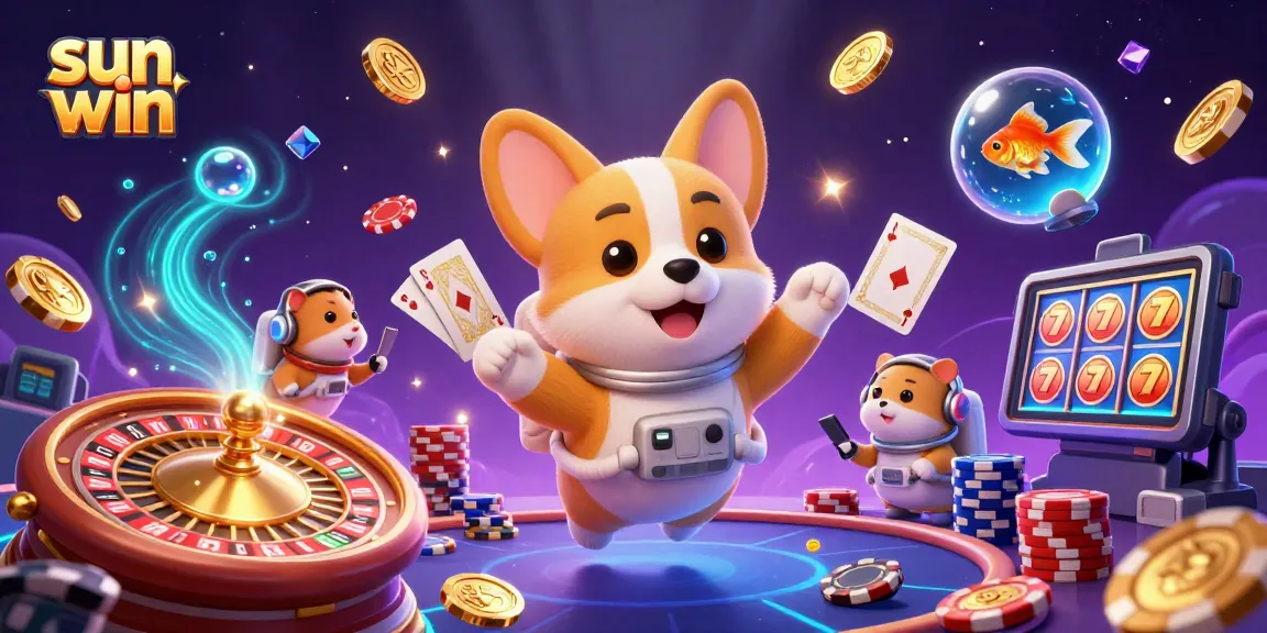 Engage in sun win adventures with a 3D cartoon corgi in a vibrant casino scene.
