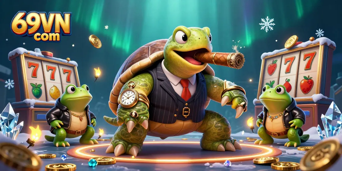 Immerse in the excitement of 69VN com as a snapping turtle in a mobster suit leads a dynamic casino scene.
