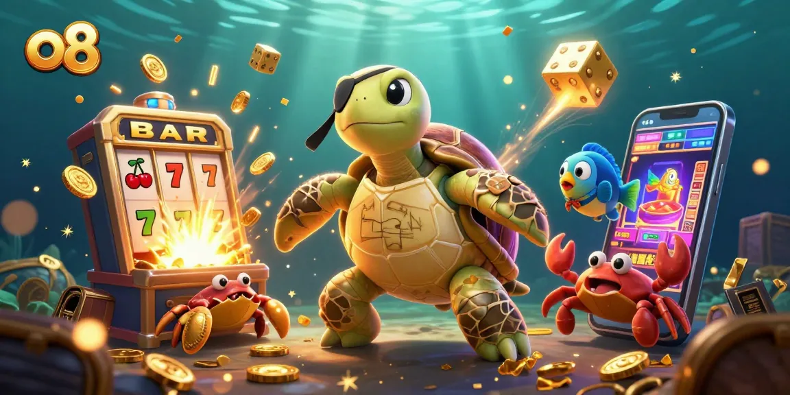 Experience exciting gameplay at o8 with a cartoon pirate turtle amidst rich casino elements.