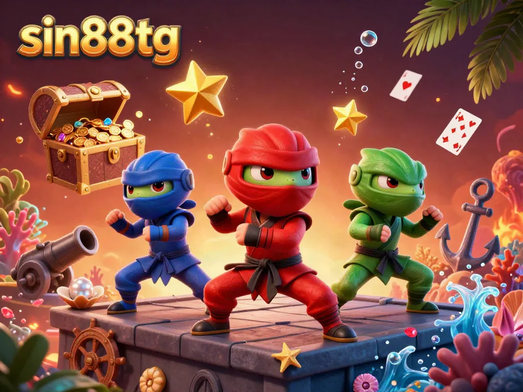 Synchronized ninja chameleons in colorful outfits illustrating dynamic gameplay at sin88tg casino.