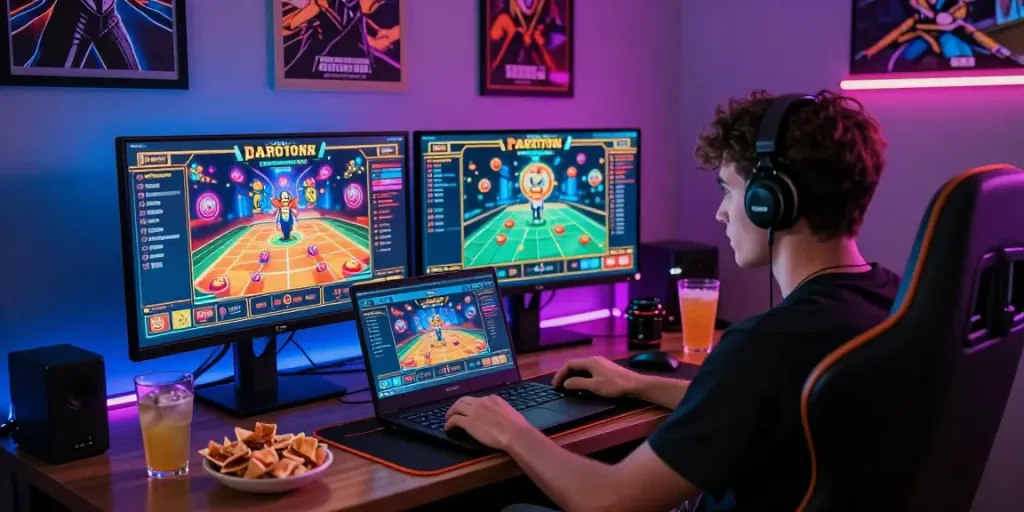 Usuario disfrutando de juegos en phuwerte-inwersowia.com en un entorno de juego en línea con luces LED.