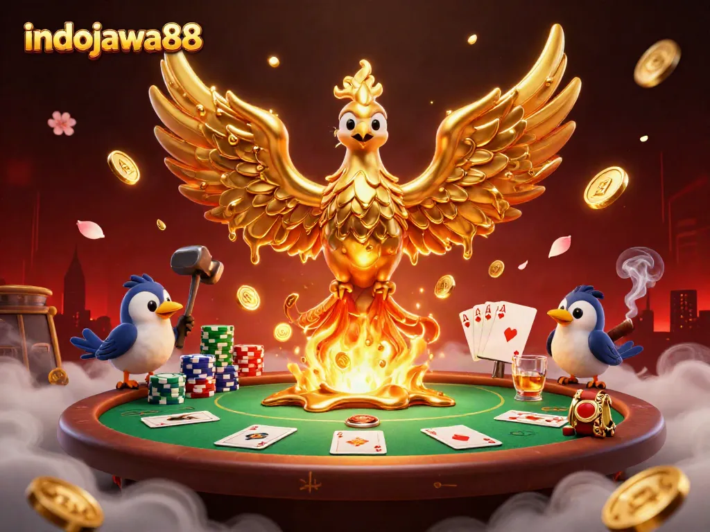 Memperkenalkan indojawa88 dengan ilustrasi kasino dinamis, menampilkan phoenix emas terbuat dari metal cair dan karakter perjudian lainnya.